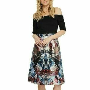 Ted Baker Keris Dress Black‎ Top Metallic Floral Skirt Off Shoulder